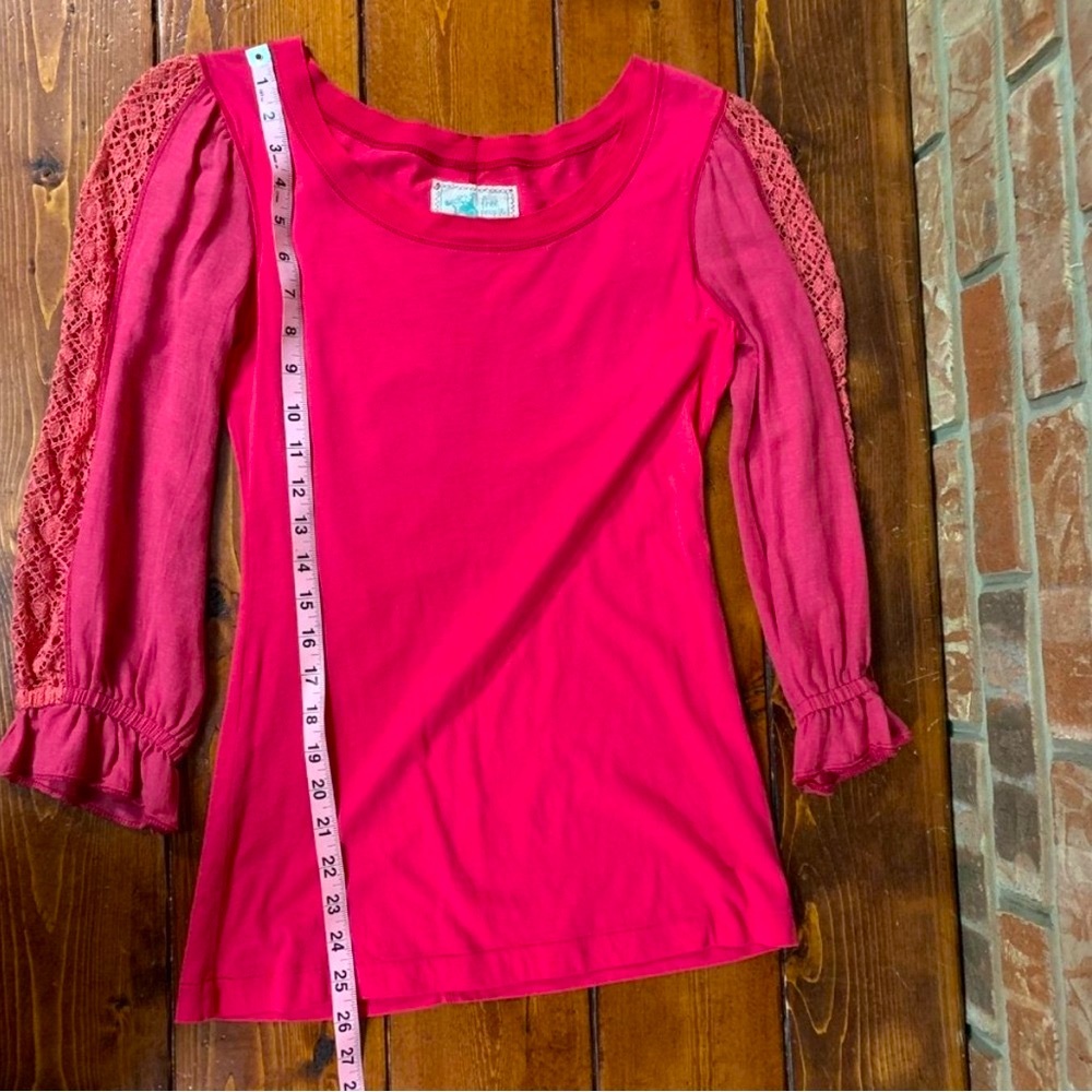 FREE PEOPLE Top Pink/Red with Long, Lace Sleeves, Small, EUC